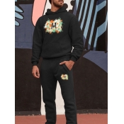 Lovely Casual Hooded Collar Print Black Men Two-pi