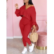 LW V Neck Zipper Design Basic Pants Set