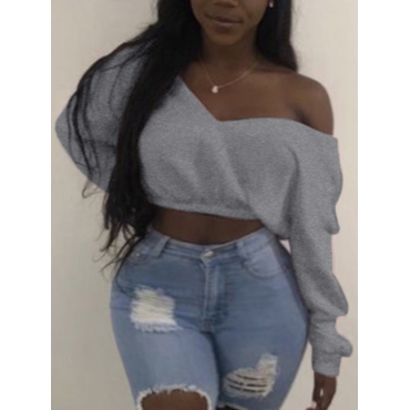 

LW V Neck Basic Crop Top Sweatshirt, Grey
