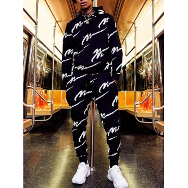 LW Men Street Hooded Collar Letter Print Black Two-piece Pants Set