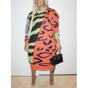 

LW BASICS Plus Size Street O Neck Print Patchwork Croci Mid Calf Dress