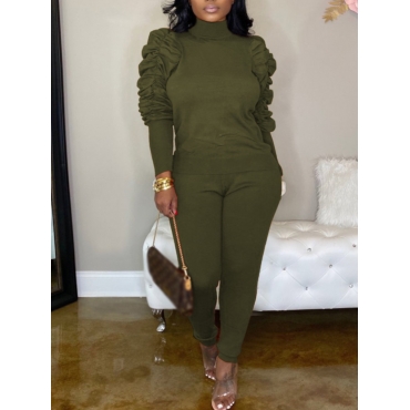

LW Stylish Turtleneck Fold Design Army Green Two Piece Pants Set