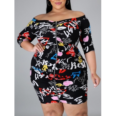 

LW Plus Size Off The Shoulder Heart Letter Print Dress, Black