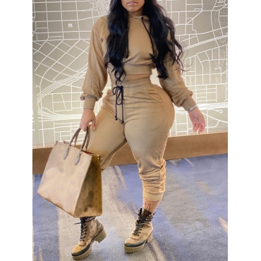 

LW Hooded Collar Lace-up Pants Set, Cream-colored