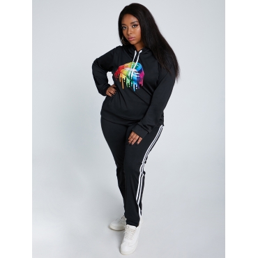 

LW Plus Size Hooded Collar Lip Print Pants Set, Black