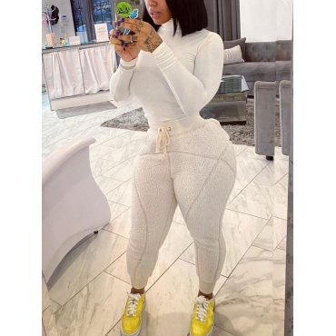 

LW Stylish Turtleneck Long Sleeve White Two Piece Pants Set