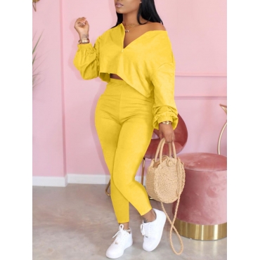 

LW V Neck Zipper Design Basic Pants Set, Yellow