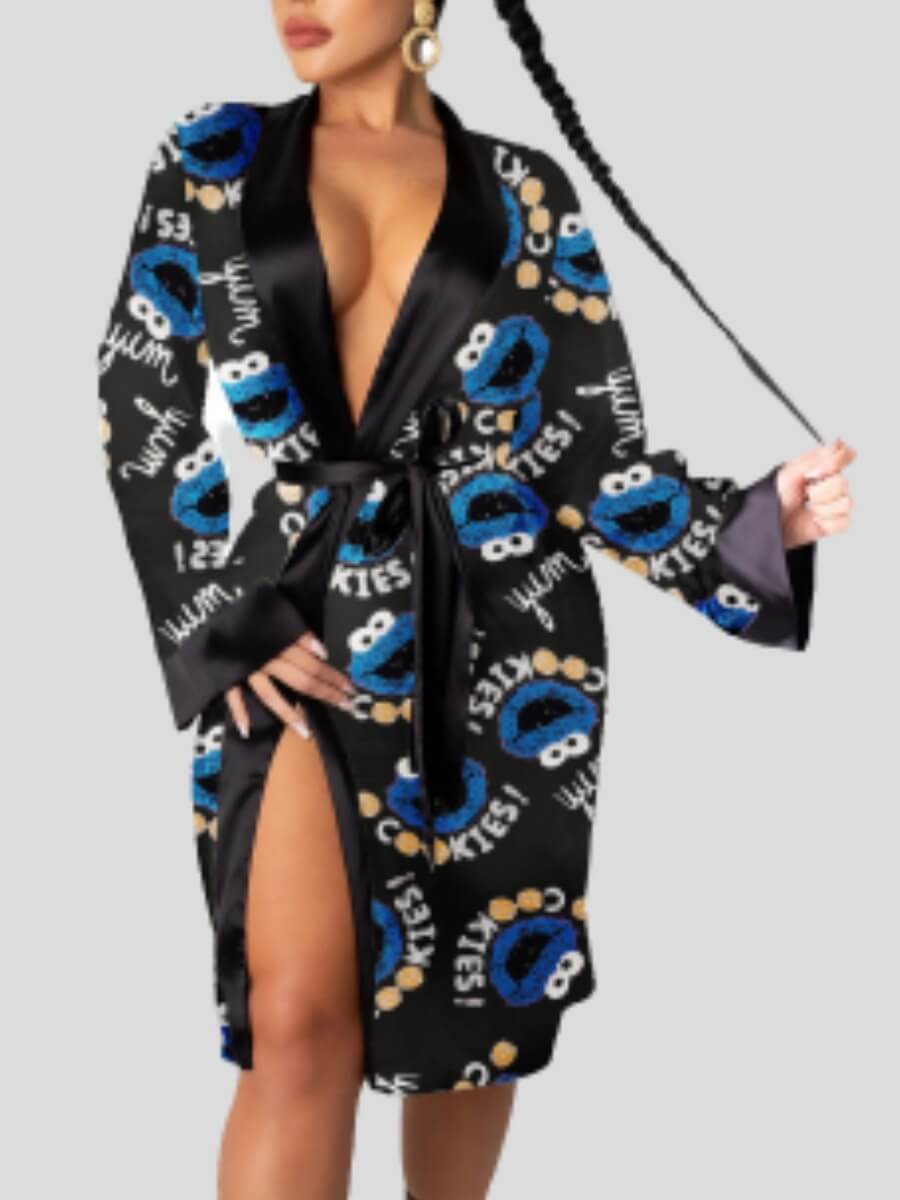 

Lovely Casual V Neck Lip Print Blue Sleepwear