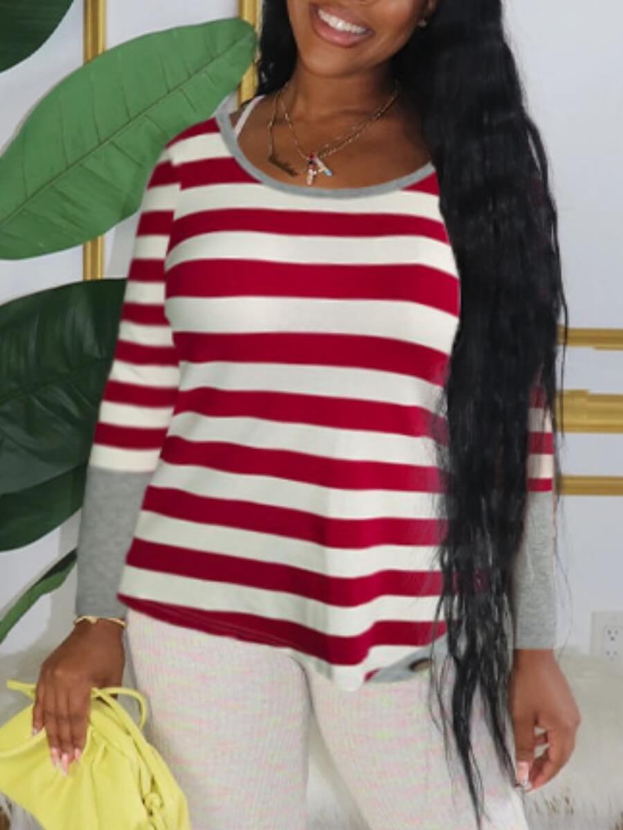 

Lovely Casual O Neck Striped Patchwork Red T-shirt