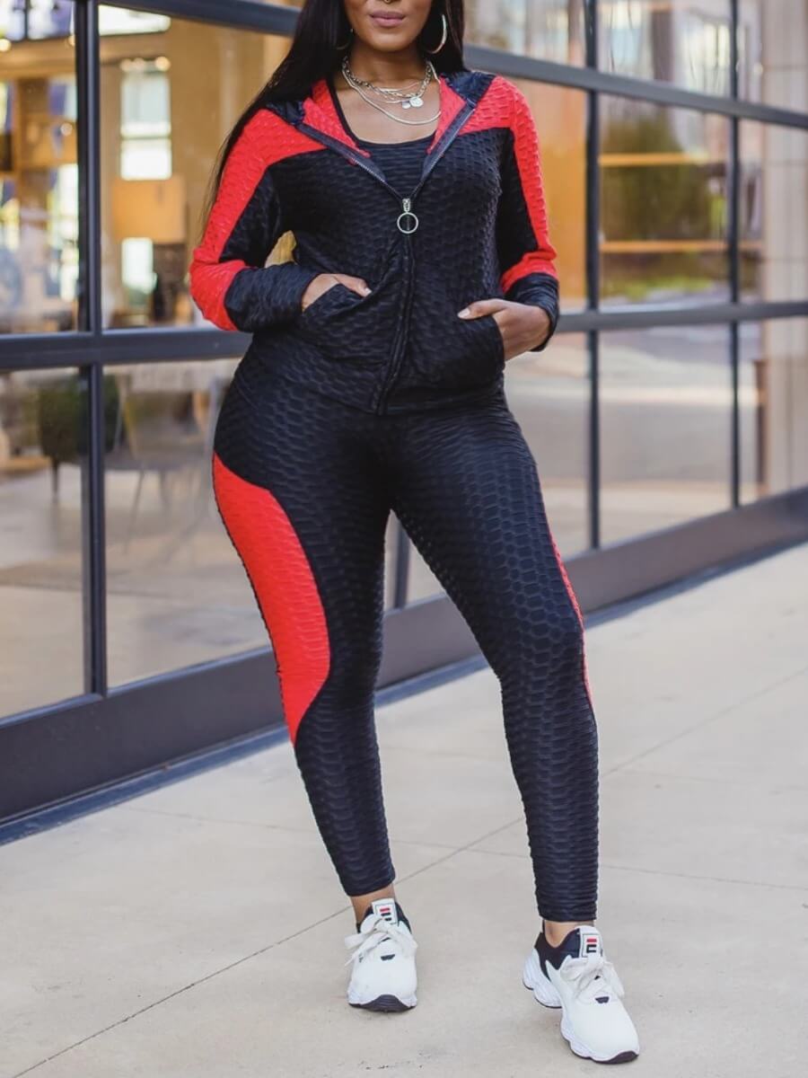 

Lovely Sportswear Hooded Collar Patchwork Red Plus Size Two-piece Pants Set
