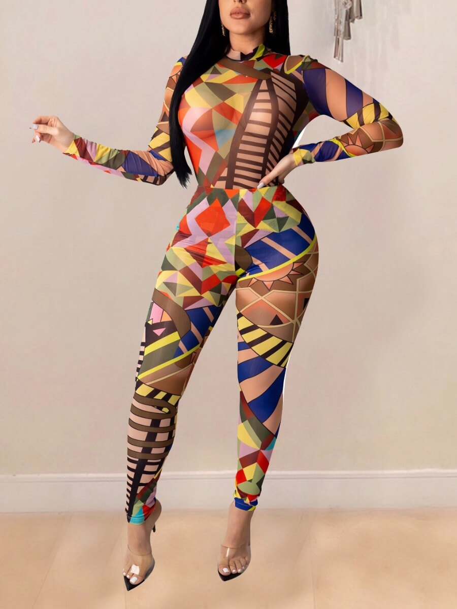 

Lovely Sexy Half A Turtleneck Long Sleeve Print Multicolor One-piece Jumpsuit, Multi