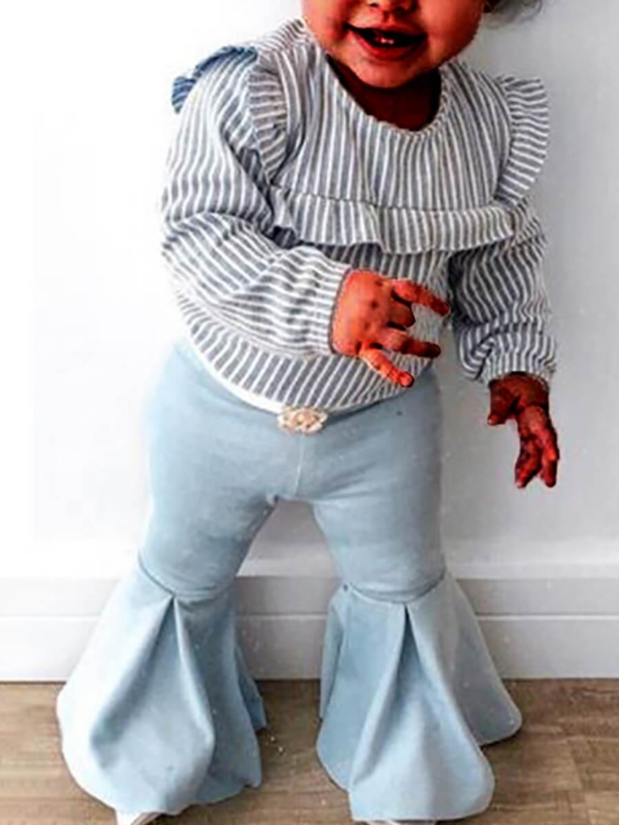 

Lovely Sweet O Neck Striped Baby Blue Girl Two-piece Pants Set