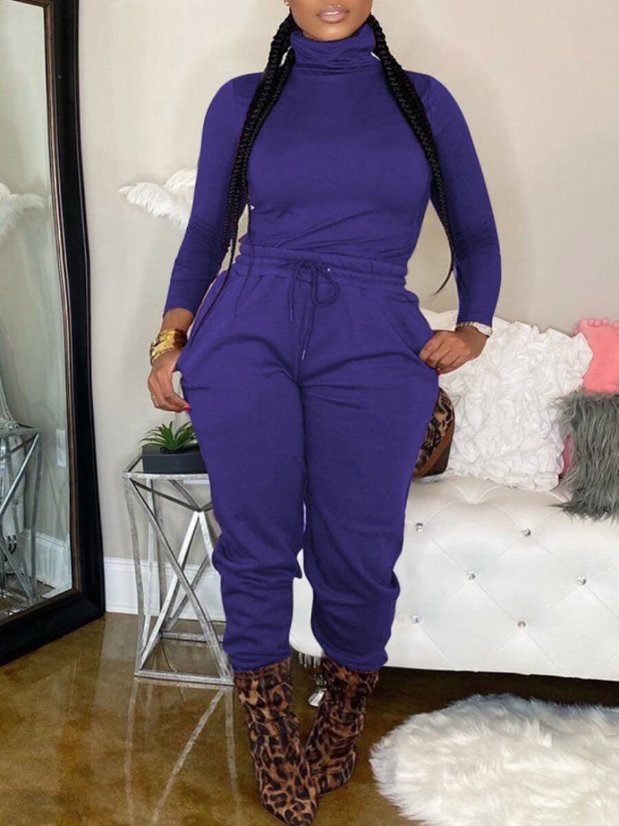 

Lovely Casual Turtleneck Drawstring Design Blue Two Piece Pants Set