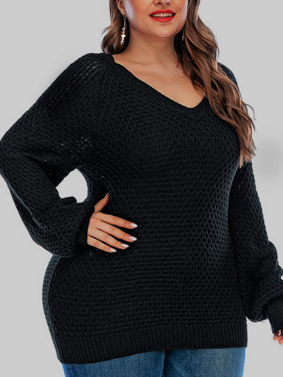 

Lovely Trendy V Neck Basic Black Plus Size Sweater