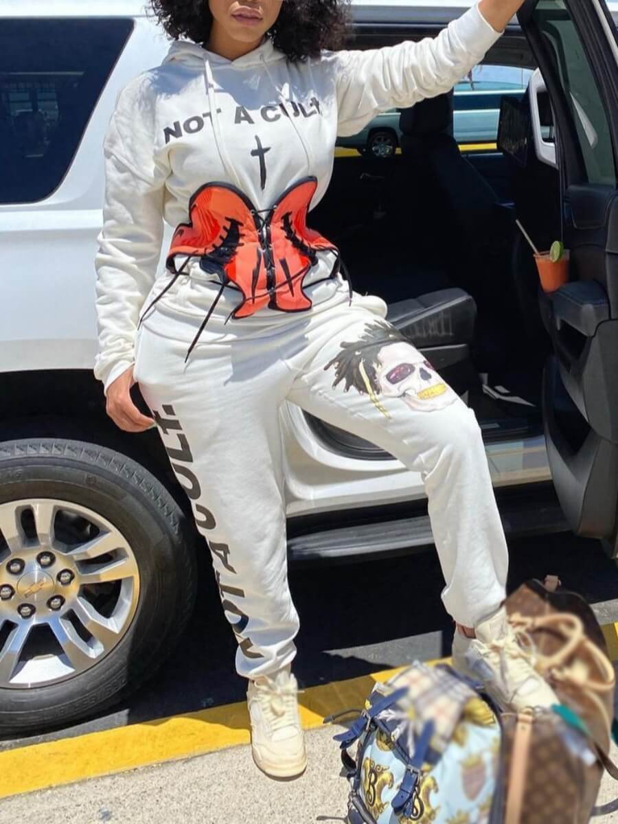 

Lovely Street Letter Print White Two Piece Pants Set