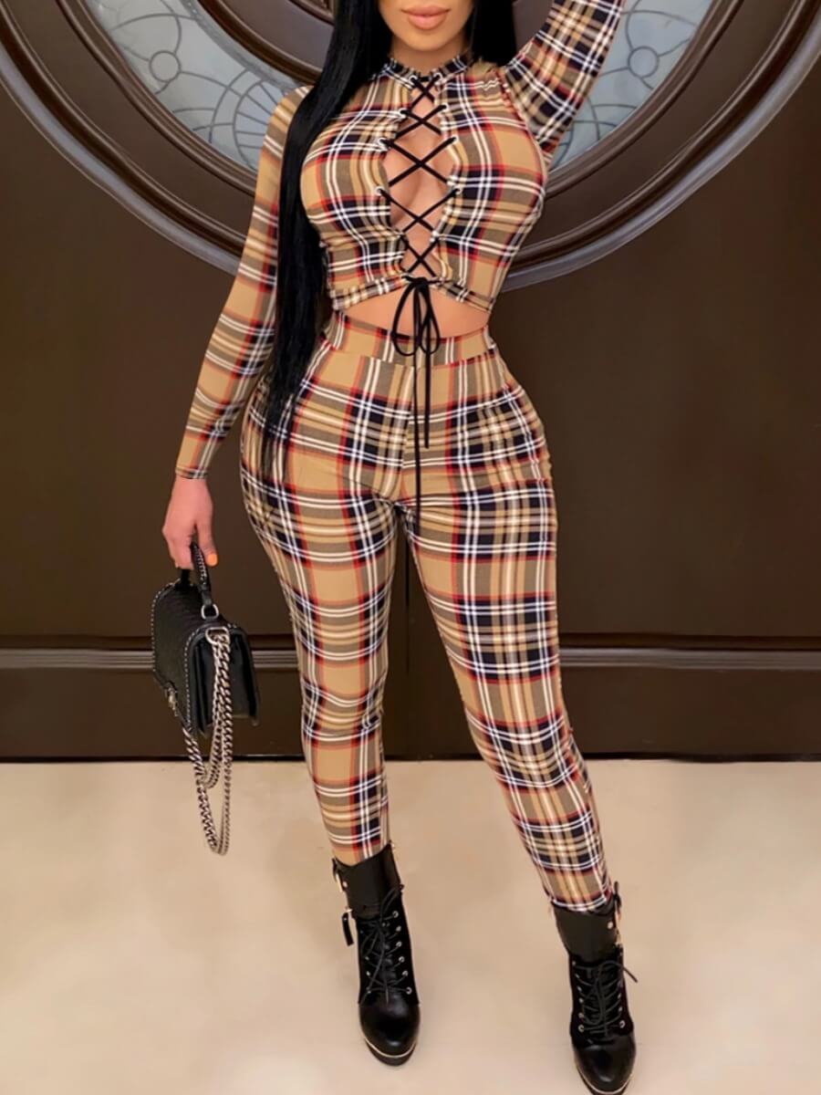 

Lovely Sexy Plaid Print Hollow-out Light Camel Two Piece Pants Set