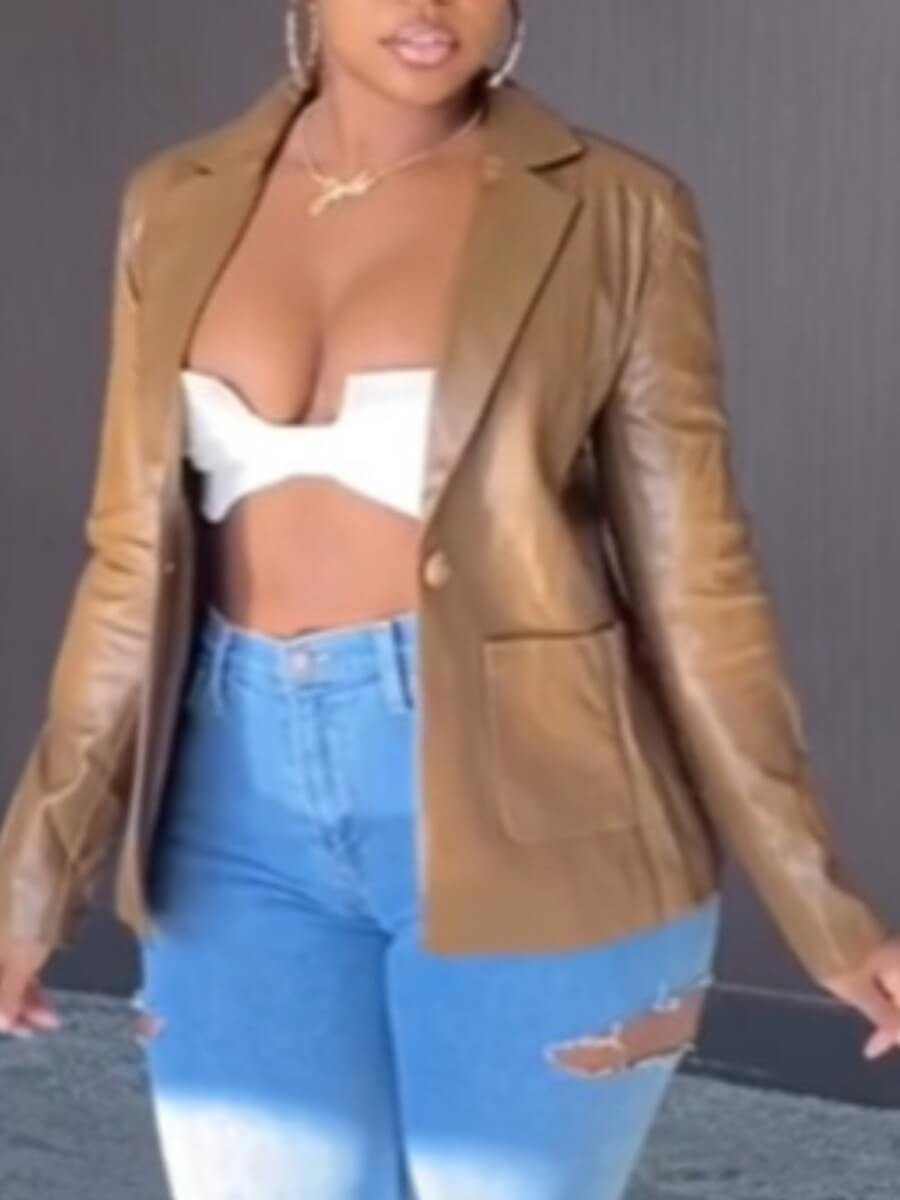 

Lovely Casual Turn-back Collar Pocket Patched Khaki Plus Size Blazer