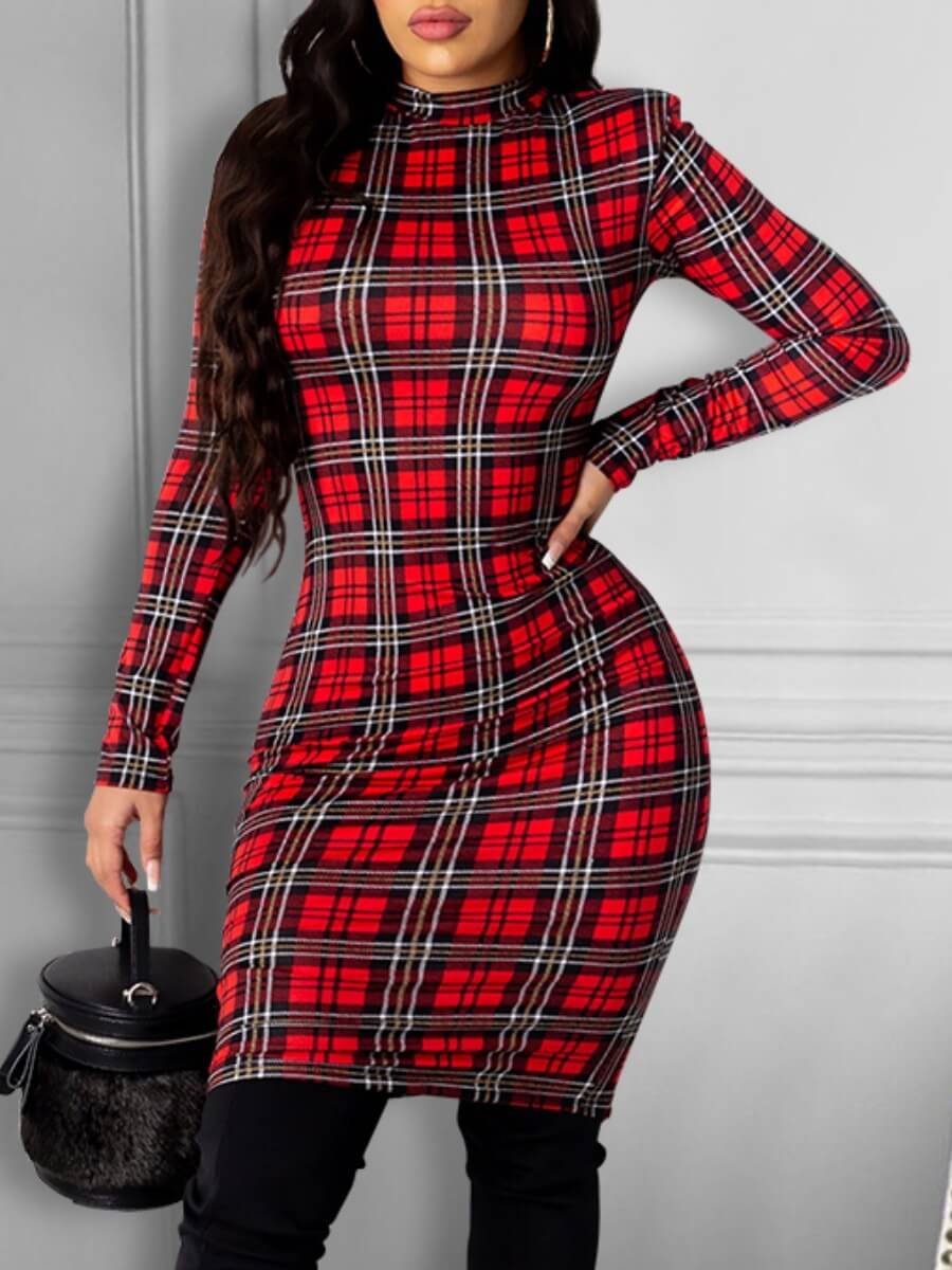 

Lovely Casual Half A Turtleneck Plaid Red And Black Check Knee Length Dress
