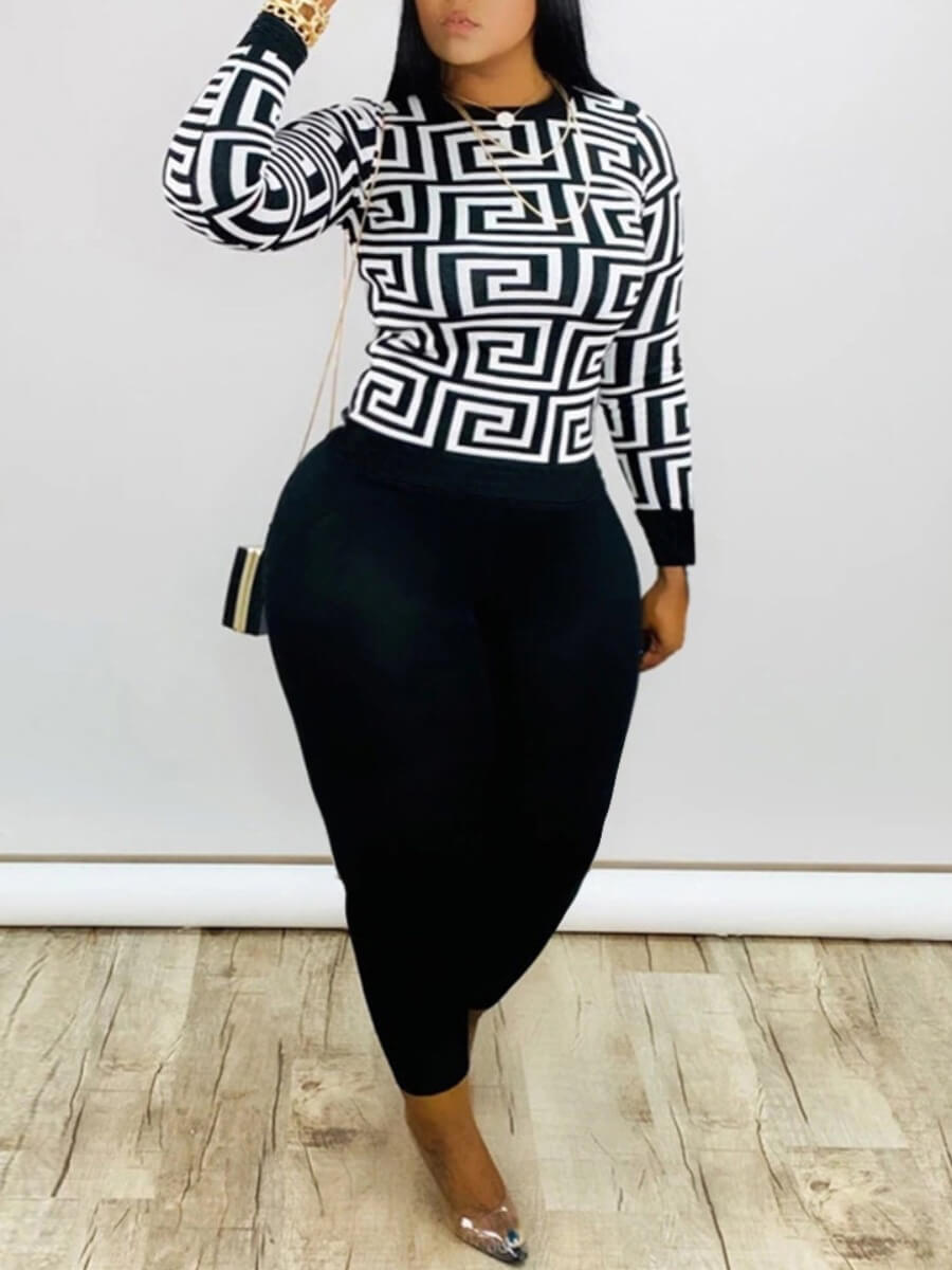 

Lovely Casual O Neck Geometric Print Black Plus Size Two-piece Pants Set