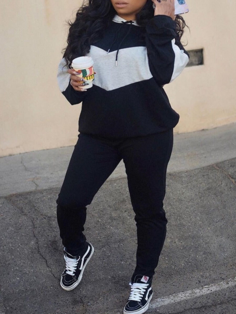 

Lovely Sportswear Hooded Collar Color-lump Patchwork Black Two Piece Pants Set