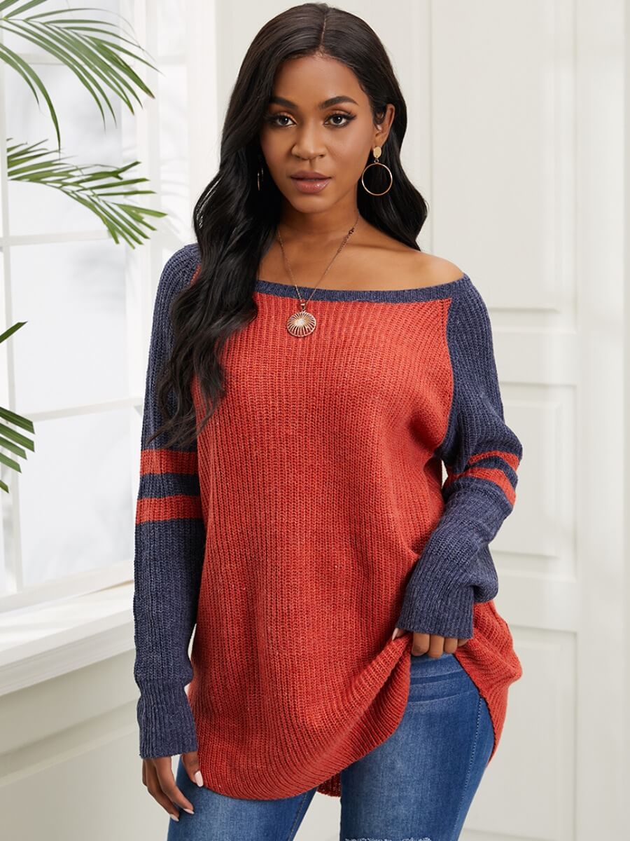 

Lovely Casual Color-lump Stitching Brick Red Sweater