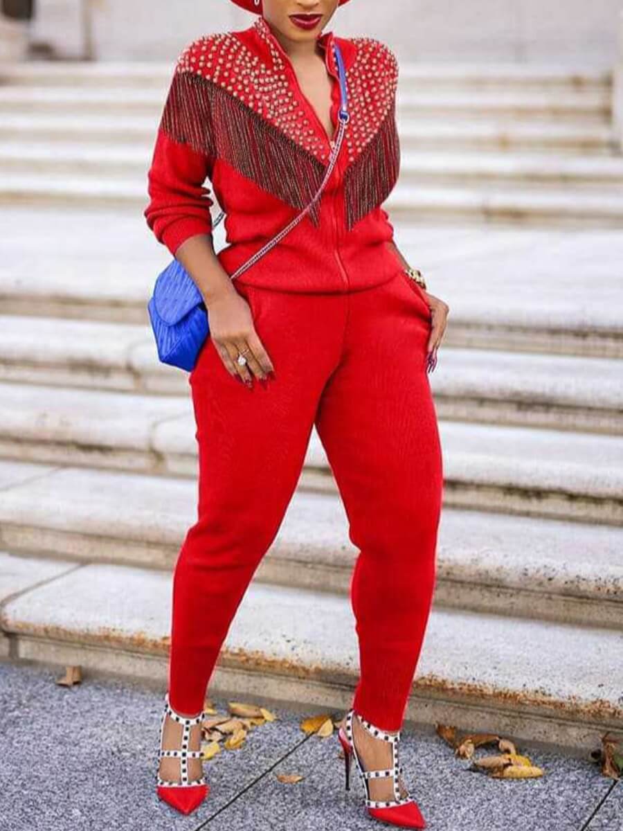 

Lovely Casual Dropped Shoulder Tassel Design Red Two Piece Pants Set