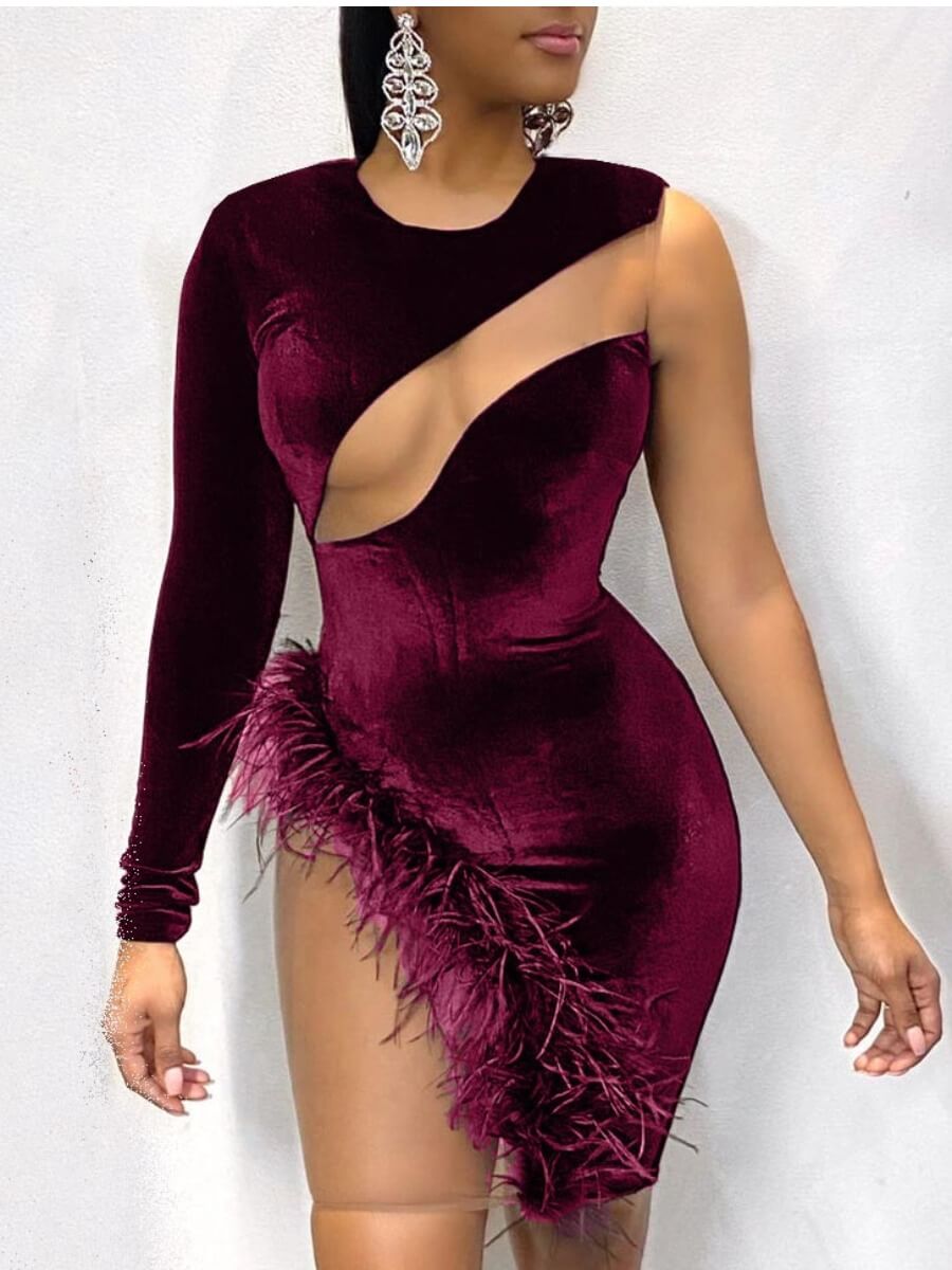 

Lovely Sexy One Shoulder Patchwork Wine Red Mini Dress