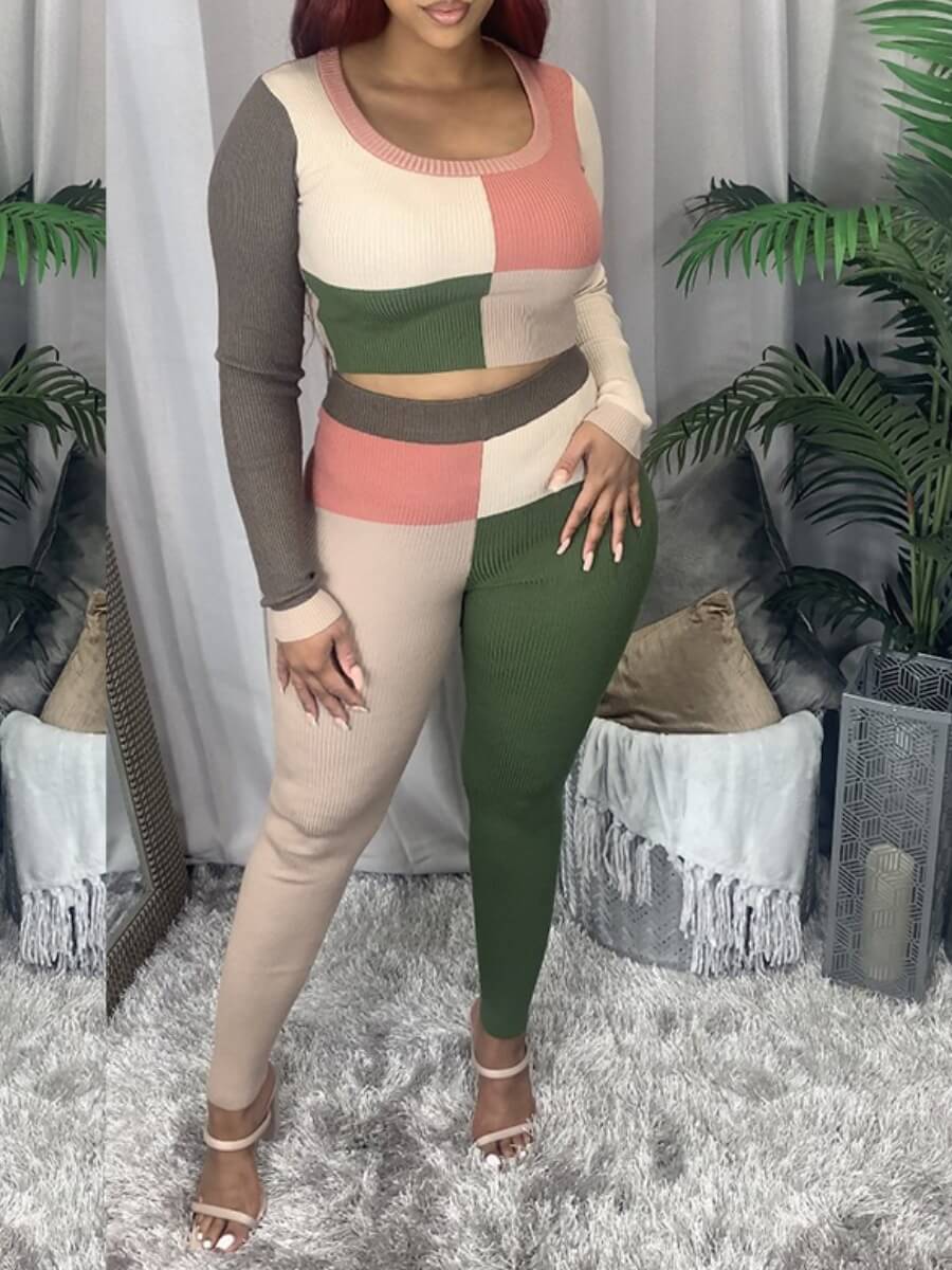 

Lovely Casual Color-lump Patchwork Green Two Piece Pants Set