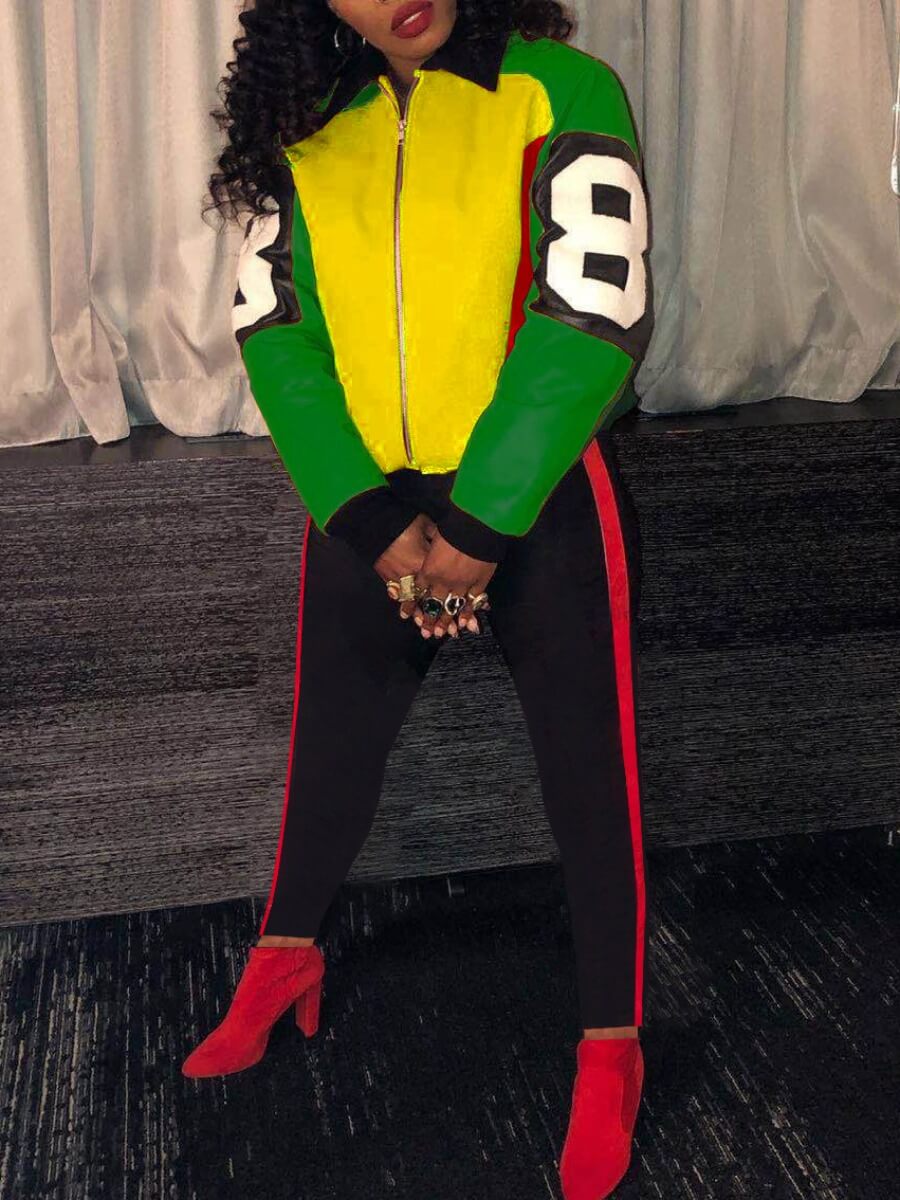 

Lovely Sportswear Letter Print Patchwork Green Two Piece Pants Set