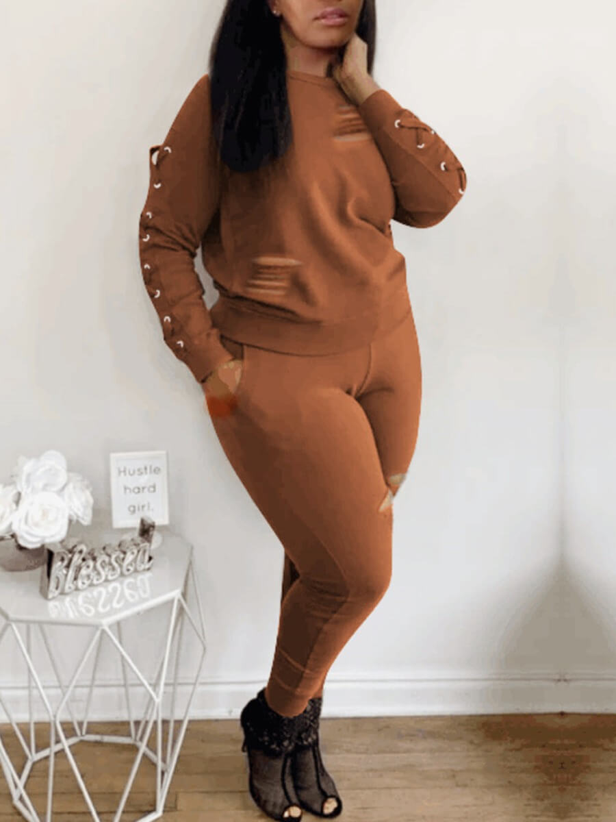 

Lovely Casual O Neck Broken Holes Brown Two Piece Pants Set