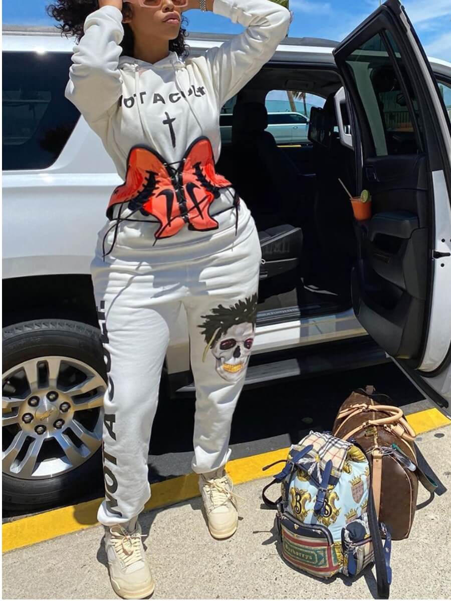 

Lovely Casual Hooded Collar Long Sleeve Print White Plus Size Two-piece Pants Set