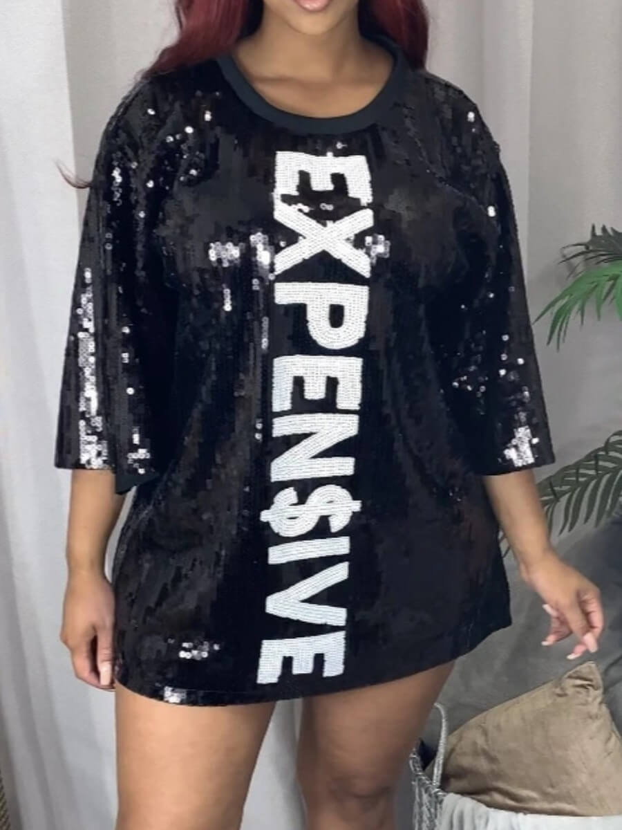 LW SXY Round Neck Letter Sequined Dress