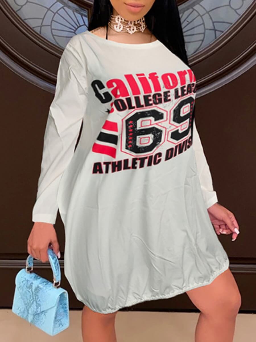 

Lovely Casual O Neck Letter Print Loose White Knee Length Dress