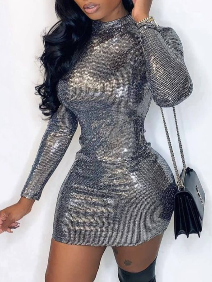 

Lovely Trendy Half A Turtleneck Backless Sequined Silver Mini Dress