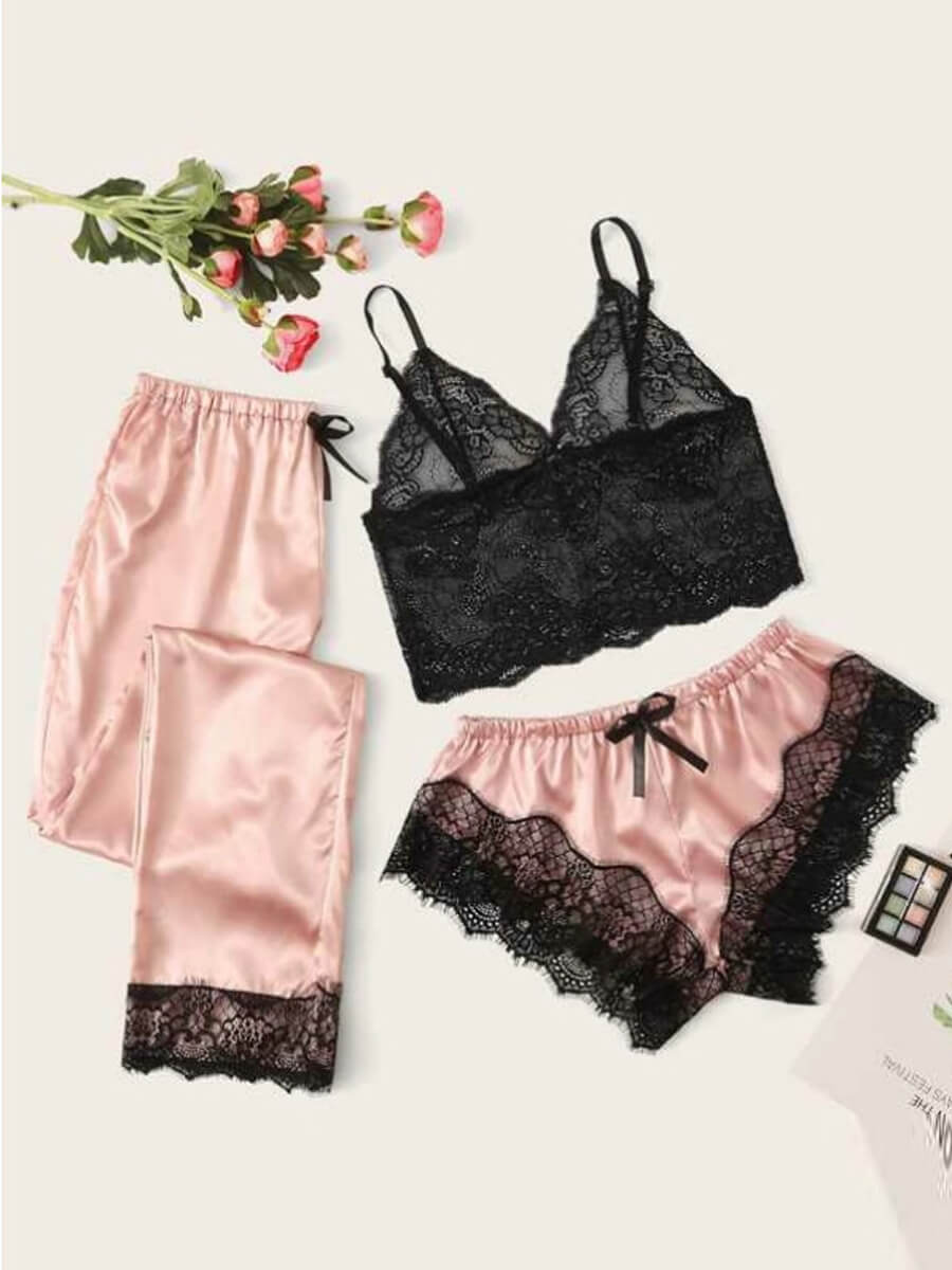 

Lovely Spaghetti Strap Lace Patchwork Pink Sleepwear