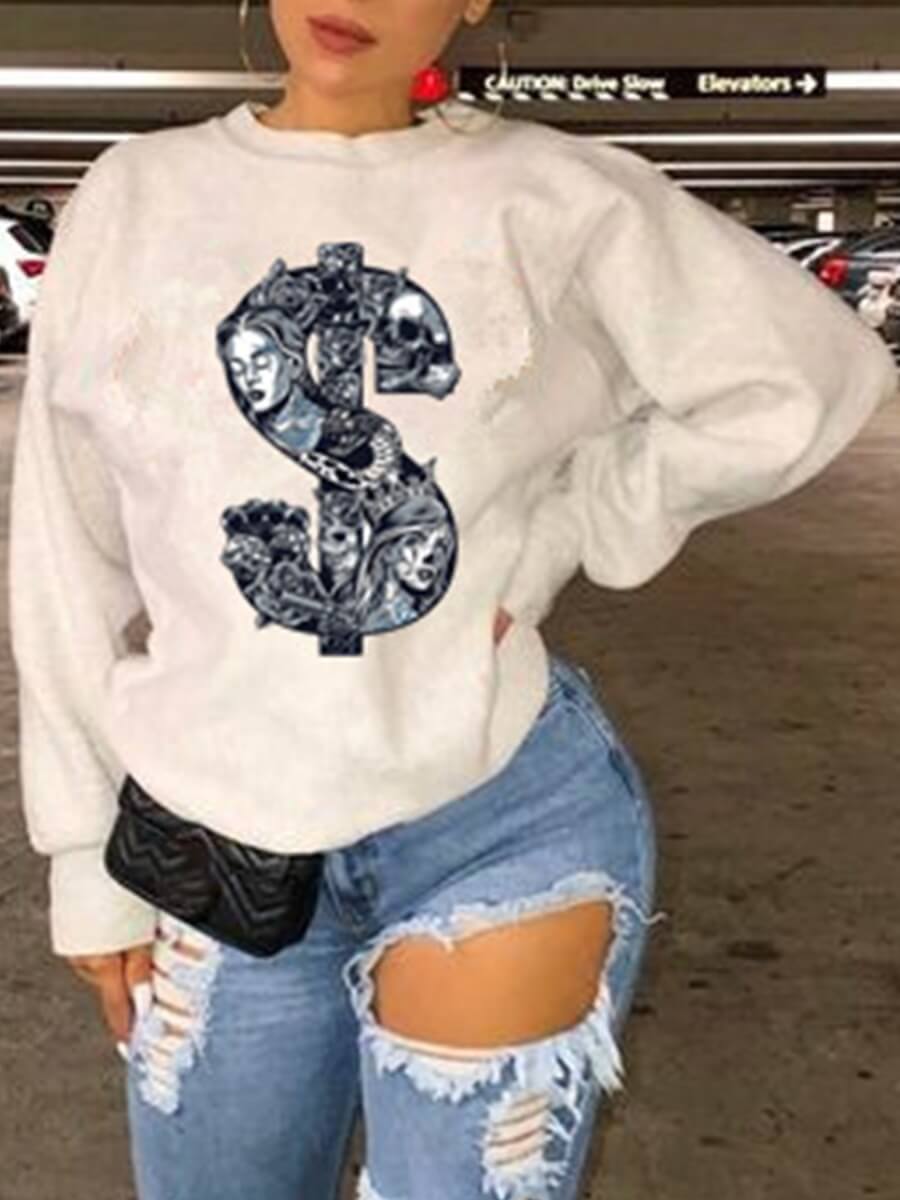 

Lovely Leisure O Neck Print White Hoodie