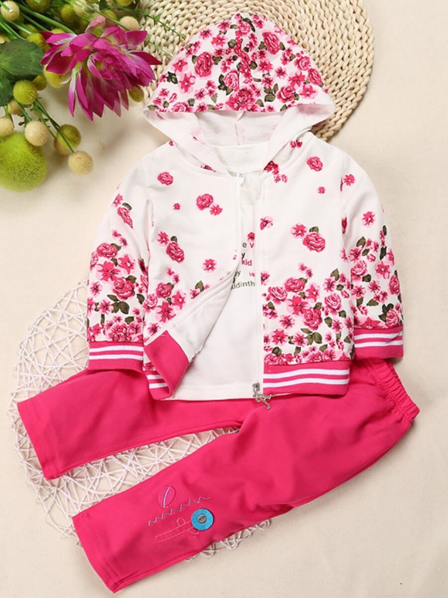 

Lovely Trendy Hooded Collar Plants Print Rose Red Girl Two-piece Pants Set