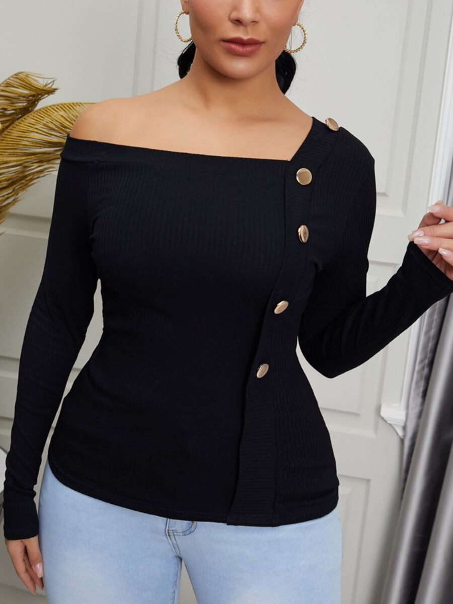 

Lovely Street V Neck Buttons Design Black Sweater