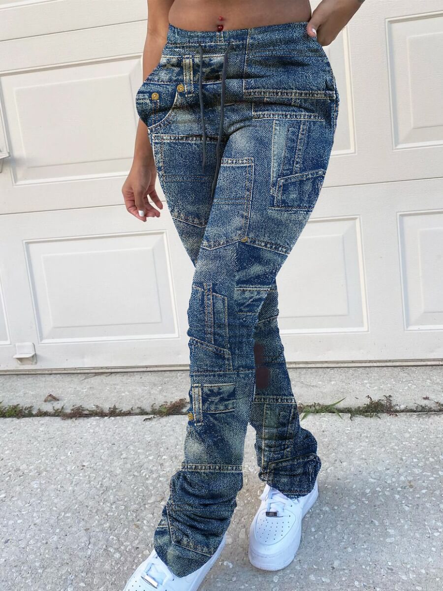 LovelyWholesale Street Patchwork Blue Pants Spring|Fall Street Ruched Spring Summer 2024