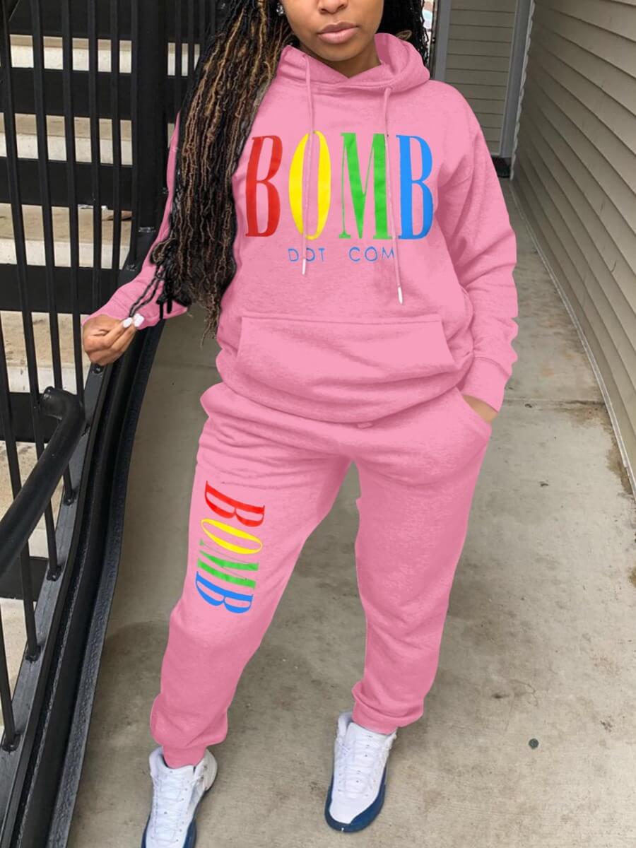 

Lovely Leisure Hooded Collar Letter Print Pink Two Piece Pants Set
