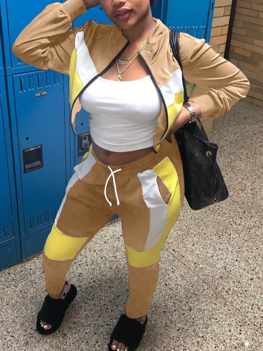 

Lovely Sportswear Mandarin Collar Patchwork Khaki Two Piece Pants Set
