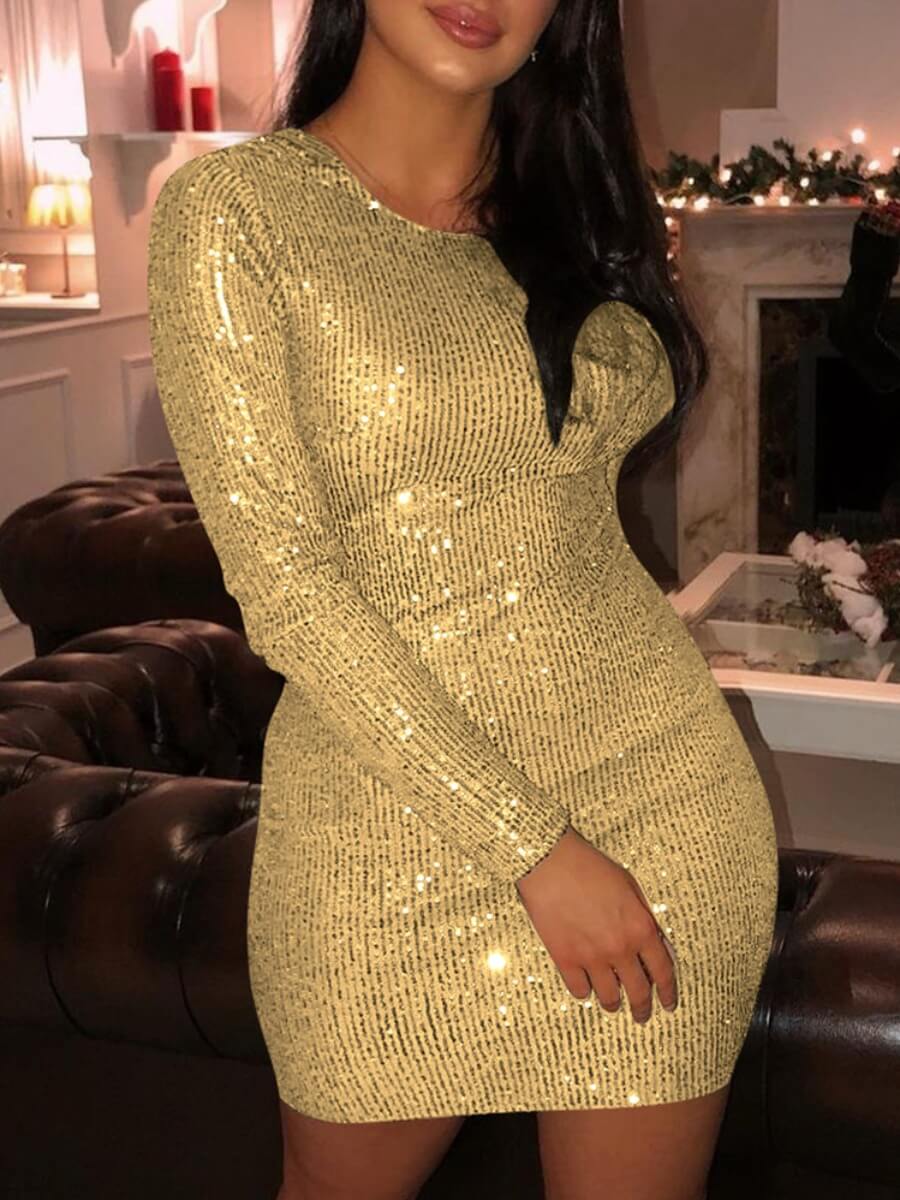 

Lovely Sexy O Neck Sequined Gold Mini Dress