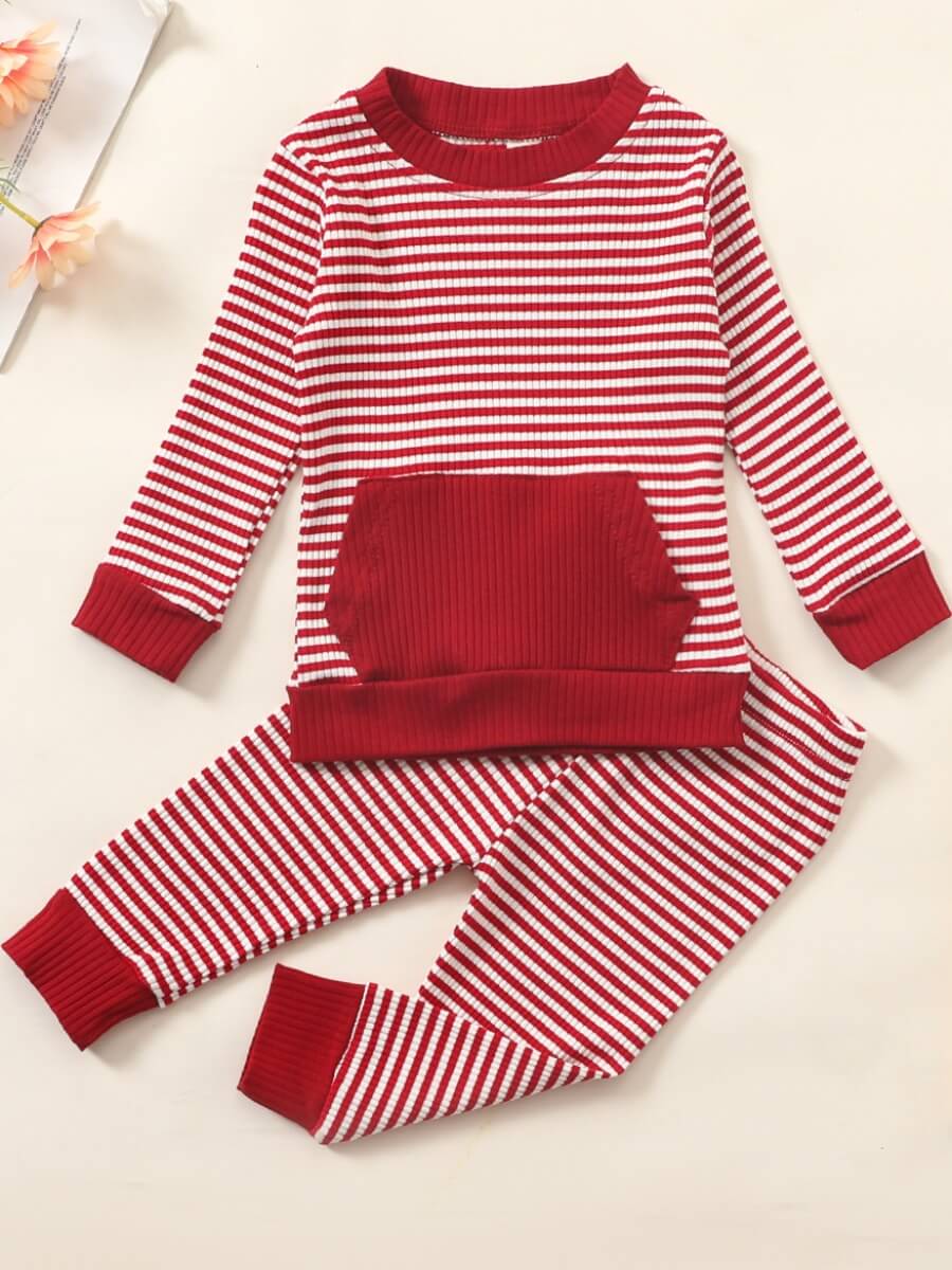 

Lovely Leisure O Neck Striped Patchwork Red Girl Two-piece Pants Set, Red stripe