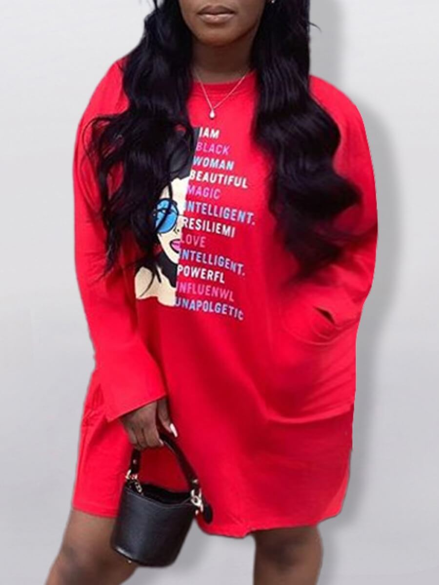 

Lovely Casual O Neck Letter Print Red Knee Length T-shirt Dress
