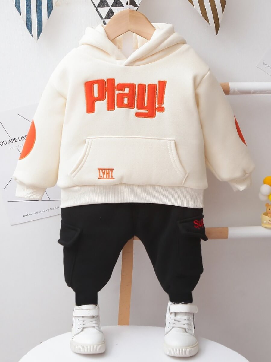 

Lovely Street Hooded Collar Letter Print Beige Boy Two-piece Pants Set