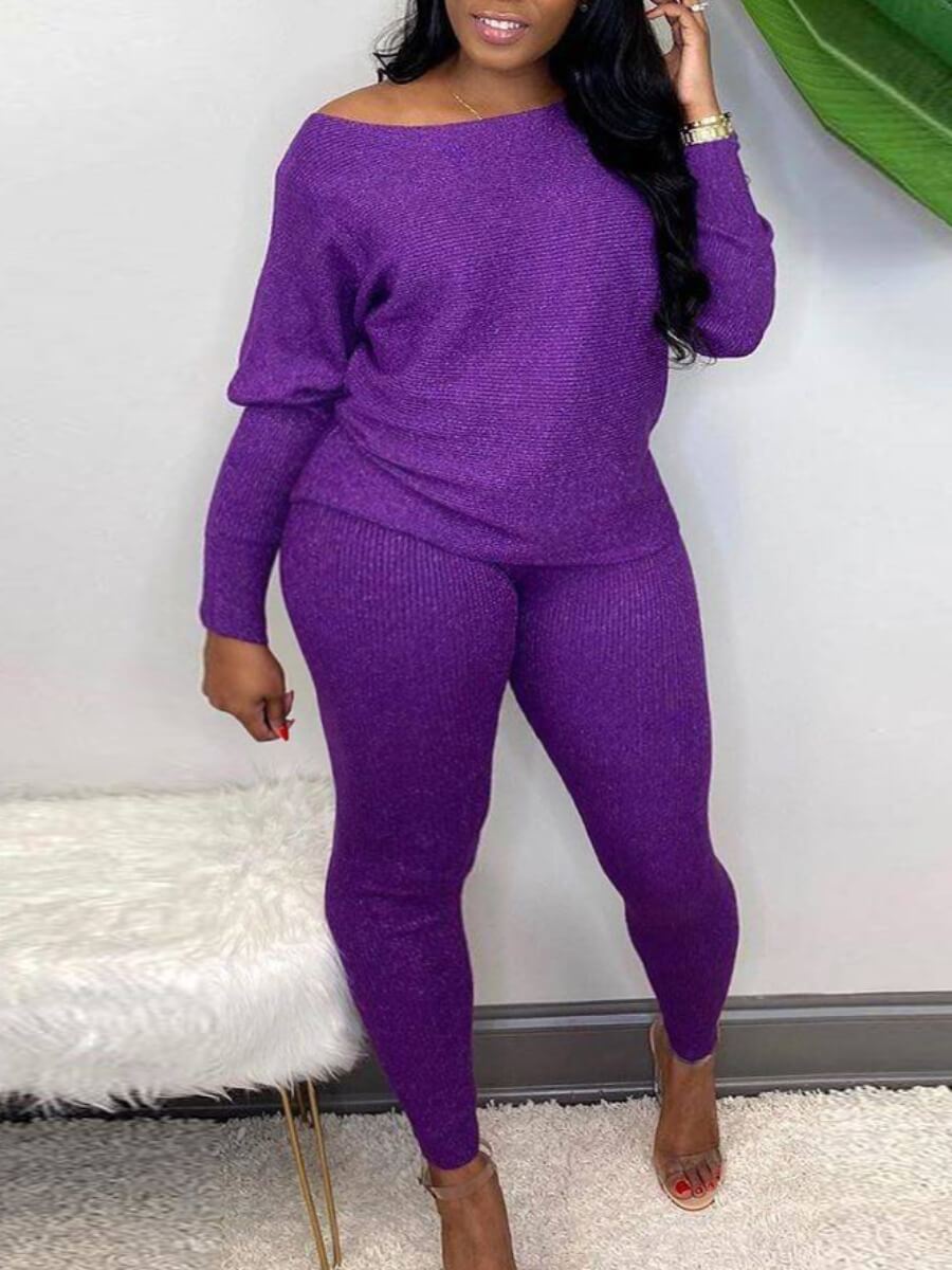 

LW BASICS Casual Boat Neck Long Sleeve Purple Two Piece Pants Set