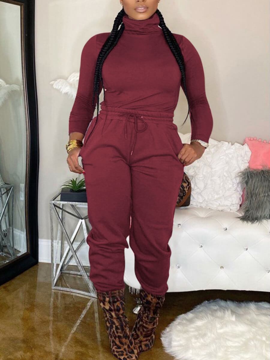

Lovely Casual Turtleneck Drawstring Wine Red Two Piece Pants Set