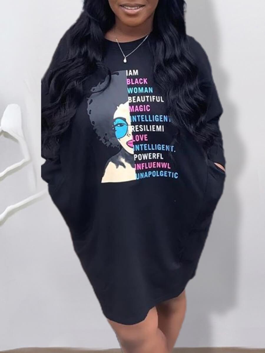 

Lovely Casual O Neck Print Black Knee Length T-shirt Dress