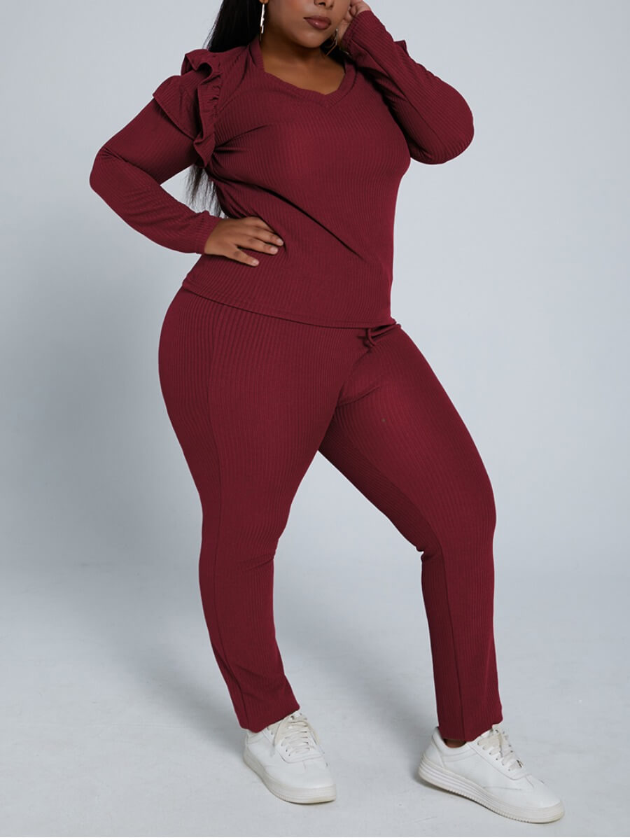 

Lovely Trendy V Neck Flounce Design Wine Red Plus Size Two-piece Pants Set