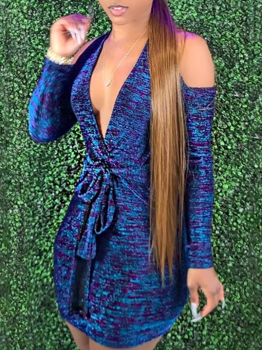

Lovely Sexy V Neck Hollow-out Blue Mini Dress